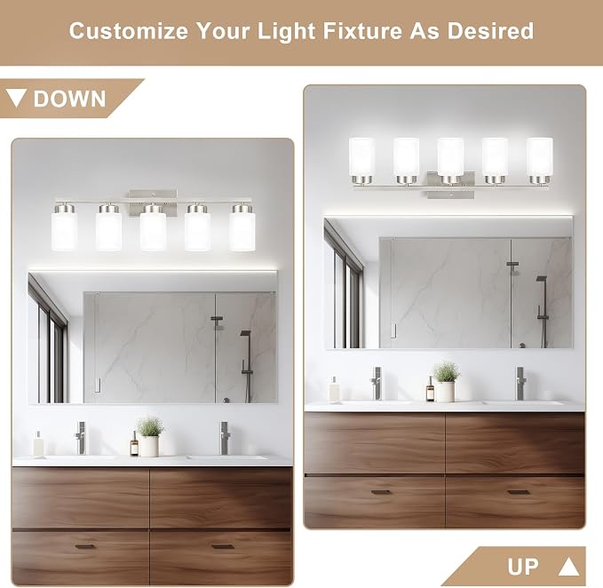 IZORRO Modern Bathroom Light Fixtures, 5 Light Brushed Nickel Vanity Lights, Bathroom Lighting Fixtures Over Mirror with White Glass for Living Room Cabinet Bedroom
