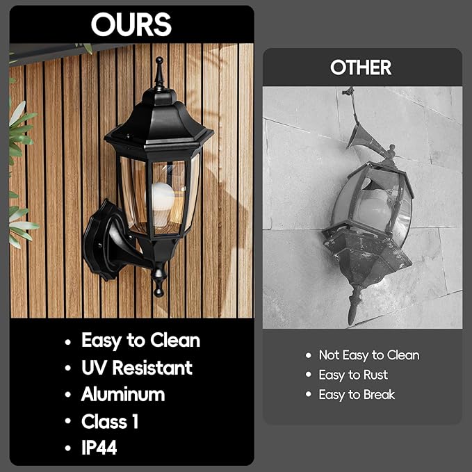 EMART Outdoor Front Porch Light, Exterior Anti-Corrosion, Waterproof Aluminum & Glass Shades Wall Lamp Fixture, Modern Sconce Lantern for Outside, House, Garage - 2 Pack, Black （Bulb Included）