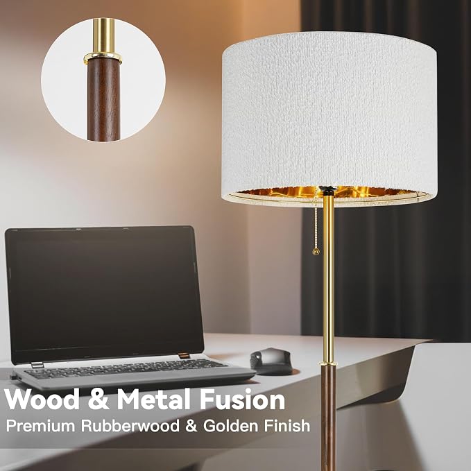 LALISU Wood Floor Lamp for Living Room Gold Traditional Farmhouse Floor Lamps Mid-Century Pole Lamp with Linen Lamp Shade, Standing Tall Floor Lamps for Bedrooms and Office (Gold)