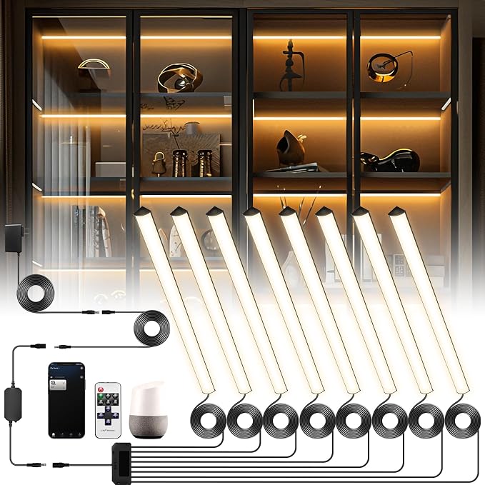 Black Shelf Lights, LED Bookcase Lighting Compatible with Alexa, WiFi Dimmable 2700K Under Shelf Lighting for Bookshelf, Display Case, Cabinets with App, Remote, Memory Function (8Pack 12In)