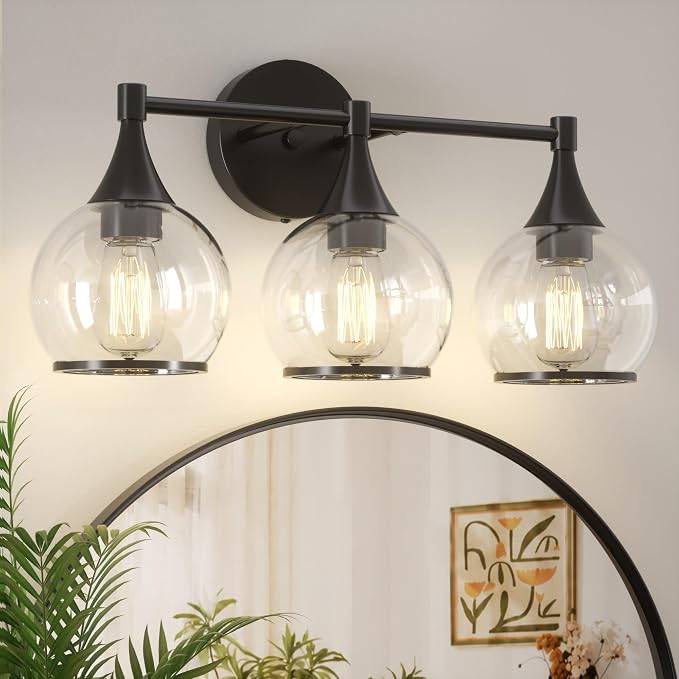 PAIHOME 3-Light Black Bathroom Vanity Light Fixtures Over Mirror | Painted, Anti-rust, UL-Certified, Elegant Globe Glass Shade, Modern Vintage, Easy to Install,Versatile Wall Decor Light