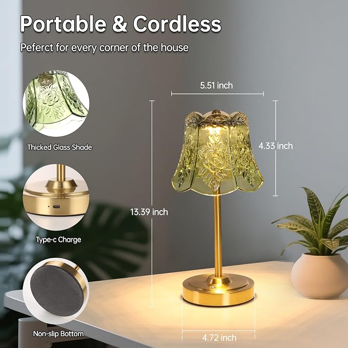 Shenmoyl Set of 2 Cordless Touch Table Lamp with 5200mAh Battery - 3 Adjustable Color Temperatures & Dimmable, Rechargeable Lamp for Bedsides, Living Room, Entryway, Bookshelves (Green Rose)