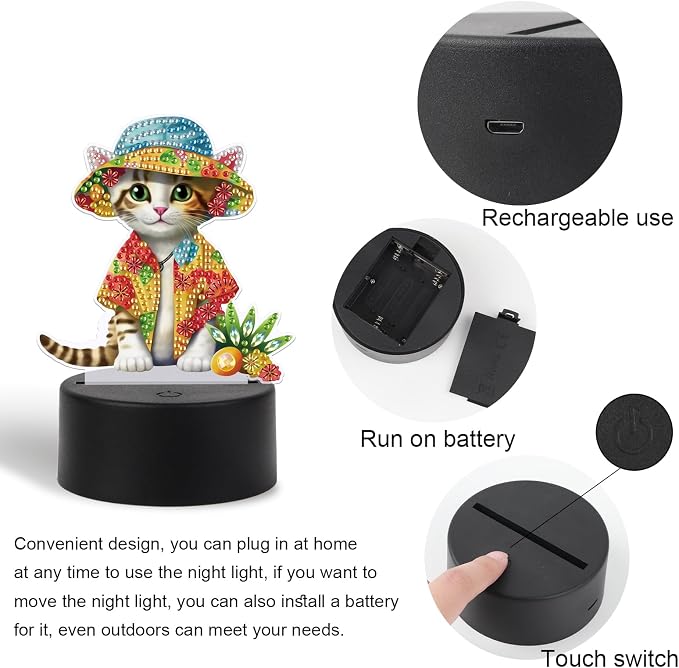 JISHSHAY Diamond Painting Night Light Diamond Art Table Lamps Gem Art LED Lights Gem Painting Desk Lamp Mosaic Kits for Adults DIY Kits for Adults Paint by Numbers Special Shaped Cat