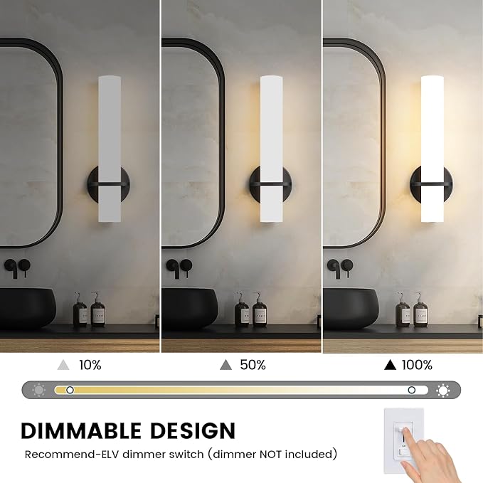 AIJIASI Wall Sconce Light - 15 inch Modern Black Bathroom Light Fixtures Wall Sconces Set of Two Dimmable LED Sconce Lighting, 15W 3000K Wall Light with Acrylic Shade for Bedroom Stairway Living Room