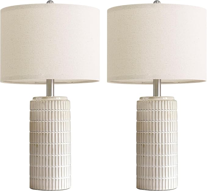 PoKat 23’’ Dimmable Table Lamps Set of 2 with Remote for Living Room, White | Modern Bedside Lamps for Bedroom, Stepless Adjustable, Farmhouse Ceramic Lamp for Nightstands, Blubs Included, No Battery