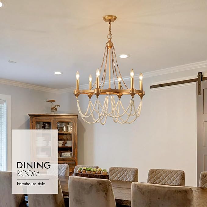 Boho Beaded Chandelier Farmhouse Rustic Candle Style Hanging Light Fixtures French Country Chandeliers Lighting for Dining Room Foyer Kitchen Entryway Antique Gold Chandelier 6-Lights W25.6