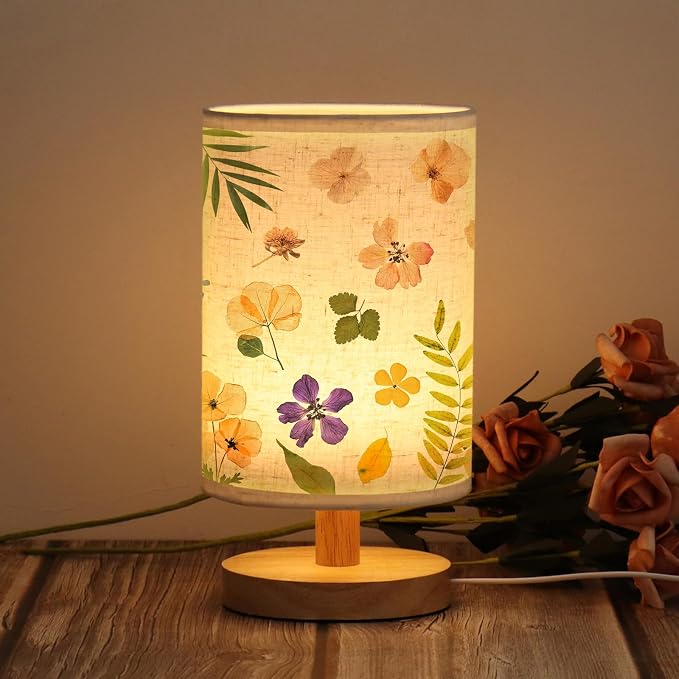 WSYEAR Flowers Table Lamp LED 3-Color Pressed Flower Bedside Lamp Linen Shade with Wood Base for Bedroom Living Room Desk Office
