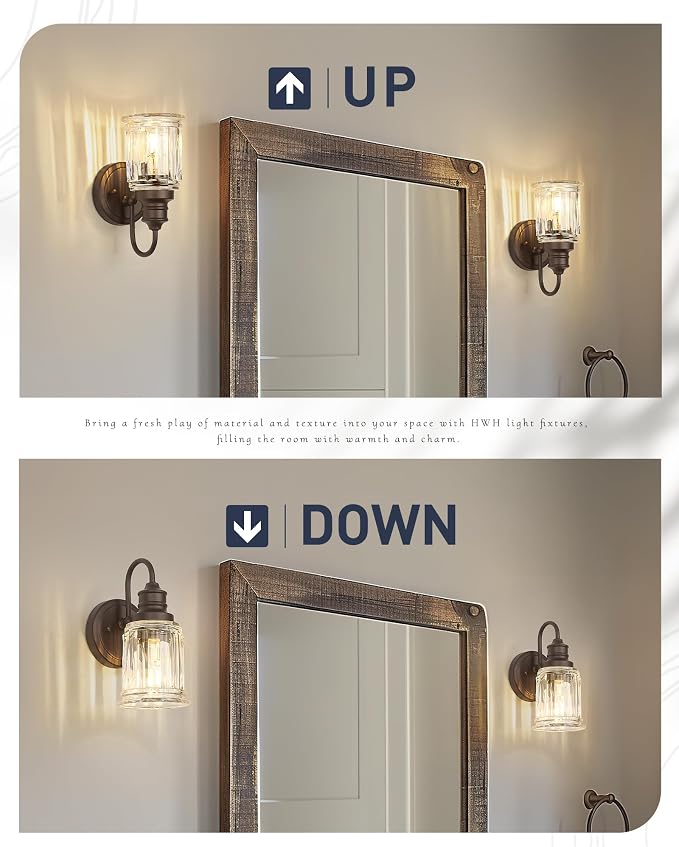Sconce Wall Lighting, HWH 1-Light Wall Sconce Modern Indoor Wall Light Fixtures, Single Bathroom Vanity Light with Bell-Shaped Fluted Clear Glass, Oil-Rubbed Bronze Finish, 5HZG106B ORB