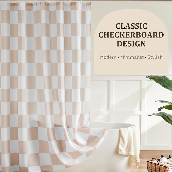 Ohocut Checkered Shower Curtain, Beige Shower Curtains for Bathroom, Cute Retro Checkboard Shower Curtain Vintage Aesthetic, Washable Fabric Bath Curtain 72''x72''