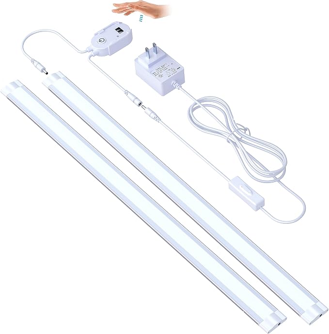 Under Counter Light Fixtures LED Under Cabinet Lighting Plug in,Dimmable Undercabinet Lights with Manual Sensor Control,6000K Cold White,Kitchen,Shelf,Desk,Tool Box Hutch Light,2PCS