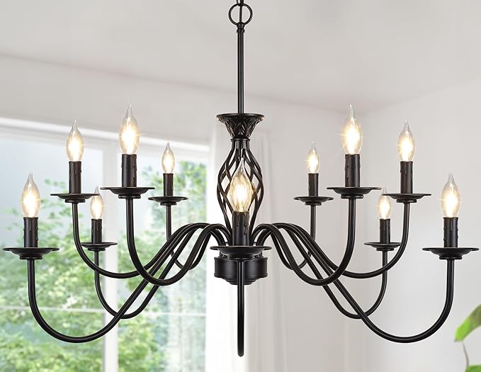 12-Light Farmhouse Candle Chandelier for Living Room, Rustic Industrial Pendant Ceiling Light Fixture, Vintage Hanging Lamp for Bedroom Hallway Kitchen Dining Room Foyer, Matte Black E12 Socket