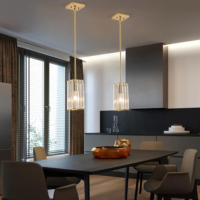 Modern Crystal Pendant Lights Kitchen Island, 3-Pack Brushed Gold Hanging Light with Clear Crystal Shade, Adjustable Height Pendant Lighting for Kitchen Island Dining Room Bedroom Bar Entryway