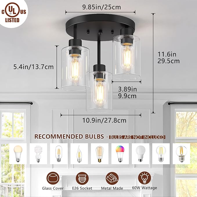 Farmhouse Flush Mount Ceiling Light, Black 3-Light Hallway Light Fixtures Ceiling with Clear Glass Shades, Light Fixtures Ceiling Mount for Kitchen Living Room Foyer, E26 Base