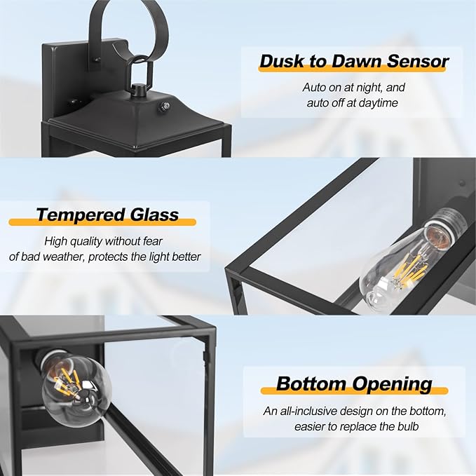 19" Large Dusk to Dawn Outdoor Lighting 2 Pack, Black Sensor Porch Lights | Waterproof Exterior Lighting Fixtures, Modern Wall Lantern, Outdoor Wall Lights Wall Sconce Lamp for House, Doorway, Garage