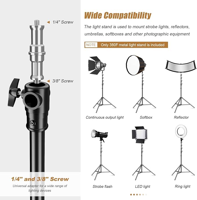 Godox 380F Heavy Duty Light Stand 150in/12.6' Tripod Stand Adjustable 110cm-380cm Spring Cushioned Photography Light Stand with 1/4” to 3/8” Screw Adapter for Strobe,LED Video Light,Monolight, Softbox