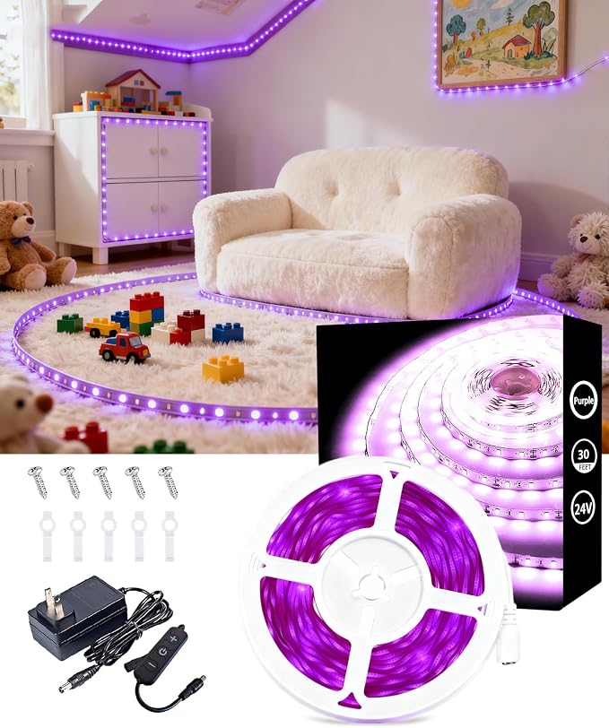Purple Led Lights Strip Indoor Halloween Decor Rope Lights Easy DIY Cuttable Strip Lights for Room Bathroom Living Room Kitchen Ceiling Wall Vanity Mirror Decor