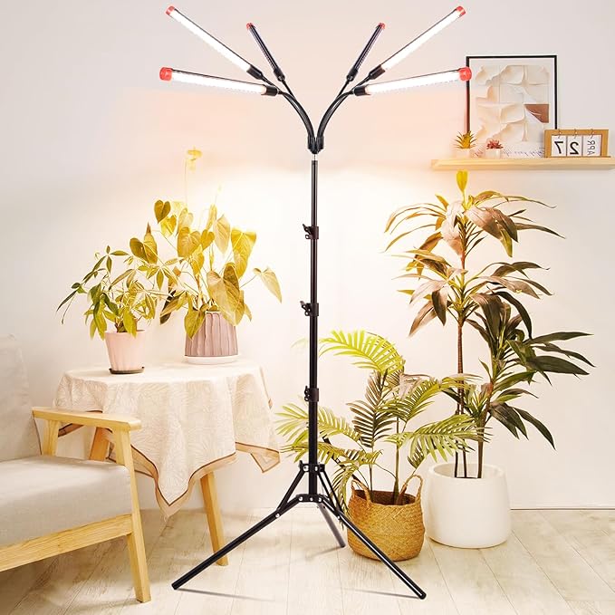 6Head Grow Light with Stand for Tall and Large Indoor Plants, Bonsai Tree, Big Coverage and Bright Plant Growing Lamps, 4/8/12/16/20H Timer, 54 Watt Power Draw, NO Need Adapter, 360° Gooseneck