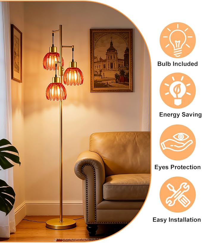 Lightdot 65'' Glass Floor Lamp Dimmable Gold with Deep Red Lotus Glass Shade & 3000K Bulbs Included 3-Lights Modern Tall Standing Lamp with 5Lbs Heavy Base for Living Room/Bedroom/Sofa/Corner Decor