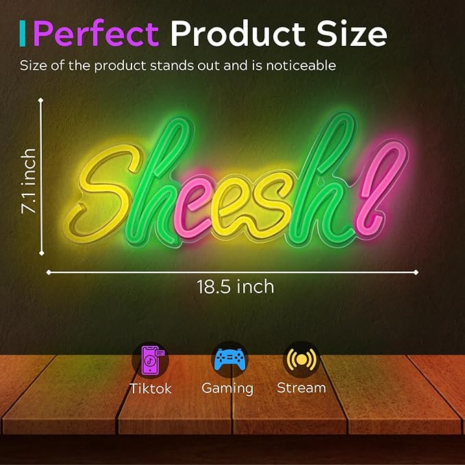 Sheesh Neon Sign - Multi Color LED Neon Light - Tiktok Meme Gaming Room Setup - USB Powered Wall Decor For Bedroom, Livingroom, Boys/Teens Room, Streamers Room - Gaming Accessories With On/Off Switch