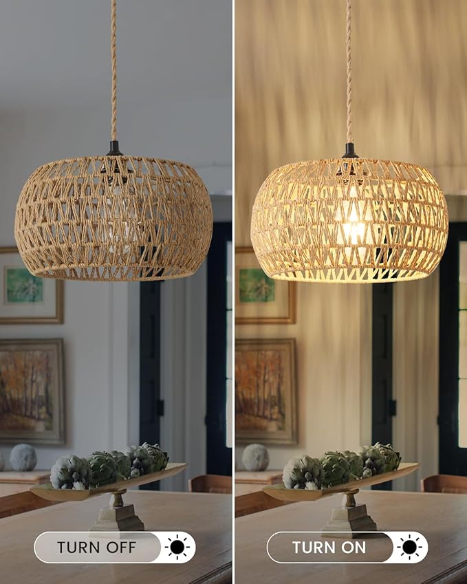 Rattan Boho Hanging Light,12.6'' Natural Hand Woven Fabric Drum Light,Plug Into Wall Outlet Pendant Light Fixture On/Off Switch for Dining,Living Room,Bedroom,Kitchen,Hallway Entryway, Without Bulb