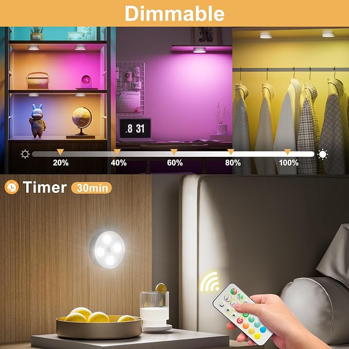 HOMEBEST RGB Puck Lights with Remote & Motion Sensor – 1500mAh Rechargeable Under Cabinet Lighting for Kitchen, Closet & Stairs – 13 Colors, Magnetic Stick-On Lights, 6 Pack