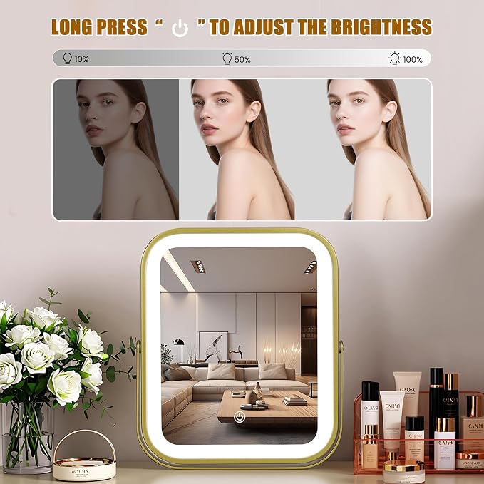 Rechargeable Vanity Mirror with Lights, 10"×8" Makeup Mirror with Lights, 1500mAH Battery, Smart Touch with 3-Color Lighting, Dimmable, HD Desk Mirror, Travel Essentials, Women Gift (Gold)
