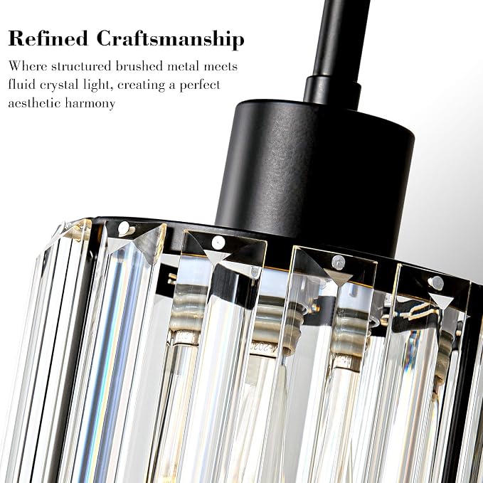 5.1" Mini Modern Black Crystal Kitchen Island Pendant Lights 2 Pack | Small Crystal Glass Shade, Sparkling Crystal Reflections, Customizable Hanging Height, Fits Most Ceilings, Matte Black Finish