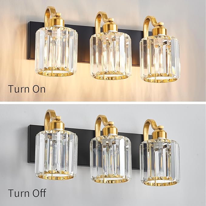 Modern Crystal Bathroom Vanity Lights, Black and Gold 3-Lights Bathroom Light Fixtures Over Mirror, Crystal Wall Lighting for for Mirror Bedroom Living Room (Exclude Bulb)