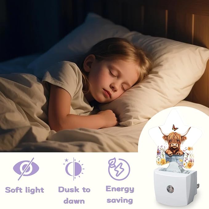 Night Light,Highland Cow Night Lights Plug into Wall Butterfly Flowers Decorations for Bedroom Bathroom,Dusk to Dawn Sensor Kitchen Hallway Stairs Energy Efficient Desk Lamp