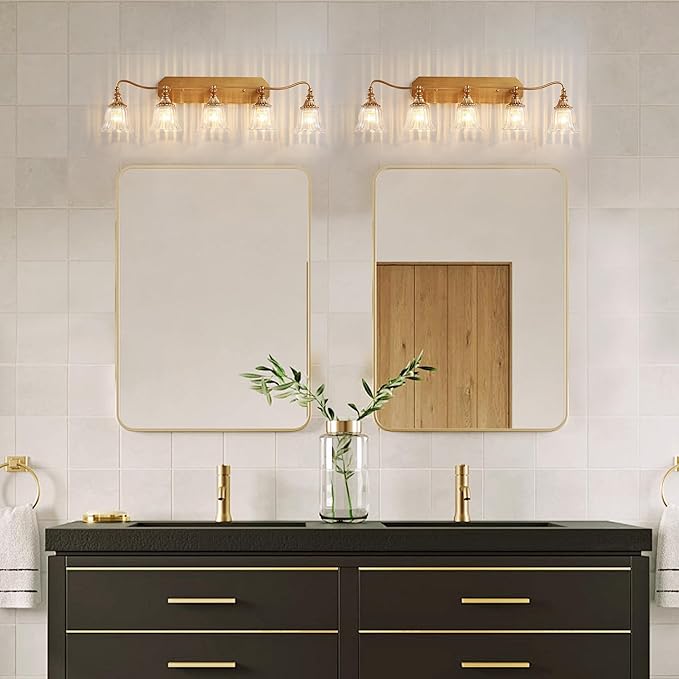 Bathroom Vanity Gold Light Fixture, 5 Lights Bathroom Lighting Matte Antique Brass Finish with Crystal Glass Shade, Gold Vintage Vanity Light for Bathrooms