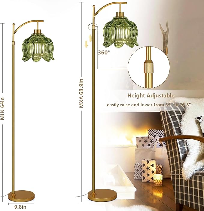 ILLMTW Glass Floor Lamp for Living Room,Bedroom,Gold Mid Century Modern Standing Lamp with Remote,Dimmable Brass Tall Lamp Vintage Tulip Green Arc Flower Floor Light Boho Bohemian