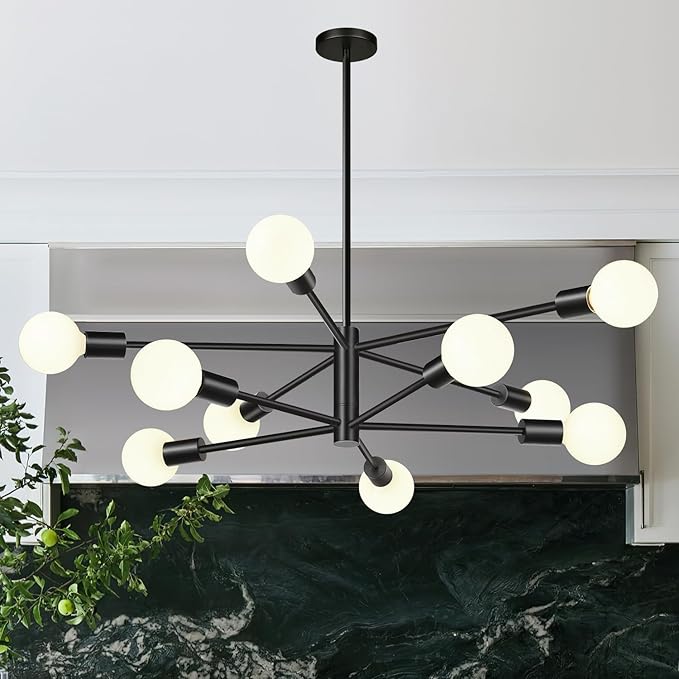 Sputnik Chandeliers Dining Room Light Fixture (10-Light, 32-Inch), Modern Black Chandelier, Height Adjustable Mid Century Modern Chandeliers for Dining Room Kitchen Island (Bulbs Not Included)