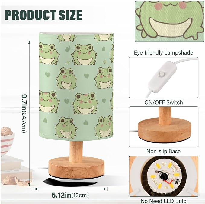 Fustylead Kawaii Cute Frog Light Green Table Lamp for Bedroom USB Port Lamps Small Accent Table Lamp Nightstand Lamp Sturdy Linen Shade Wooden Base Decorative Lamps for Bedside Reading|Kids|Dorm|Home