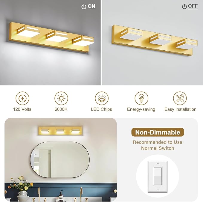 LED Modern Bathroom Light Fixtures, 3-Light 24-Inch Gold Vanity Lights for Bathroom Lighting Fixtures Over Mirror, 6000K Cool White 350° Rotatable Wall Lamp