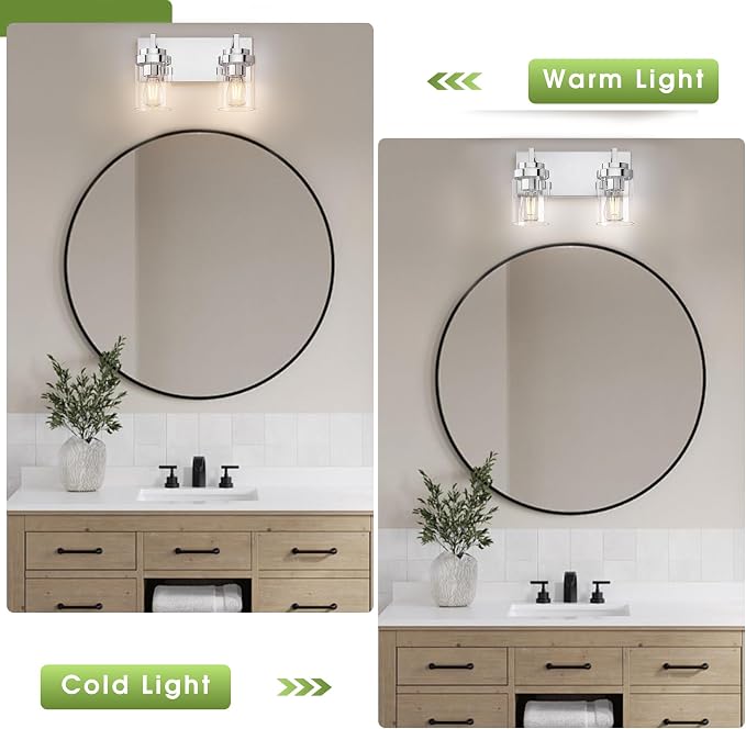 Bathroom Vanity Fixtures, 2 Light Matte Chrome Vanity Light with Clear Glass Shade, 15in Farmhouse wall Light, Lighting Fixture Over Mirror for Bathroom