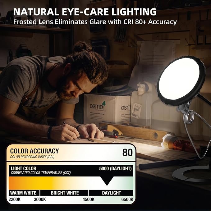 800 Lumen LED Clamp Light with Magnetic Base, 4-in-1 Versatile Portable Work Light, 360° Swivel Heat-Free Clip on Lamp, 5000K Daylight Eye-Care Workbench Light for Garage, Workshop, ETL Listed