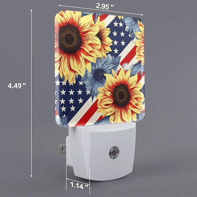 Sunflowers Floral Stripes Flag LED Plug-in Night Light 2-Pack, Auto Sensor Nightlights Set of 2 for Bedroom Bathroom Corridors