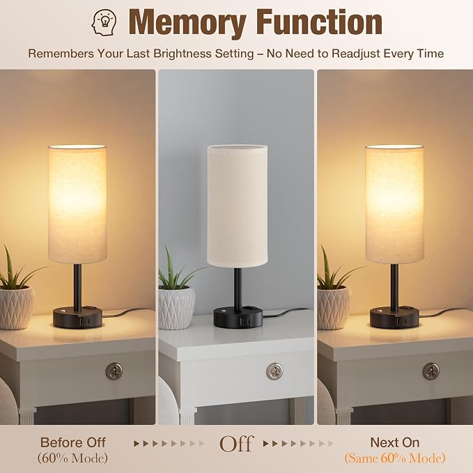 Beige Touch Bedside Lamp for Bedroom, Stepless Dimmable, USB A+C, AC Outlet | Base Touch Button Only, Memory Brightness, Ultra-dim Night Light, Included Bulb for Optimal Dimming, Beige Fabric Shade, Desk