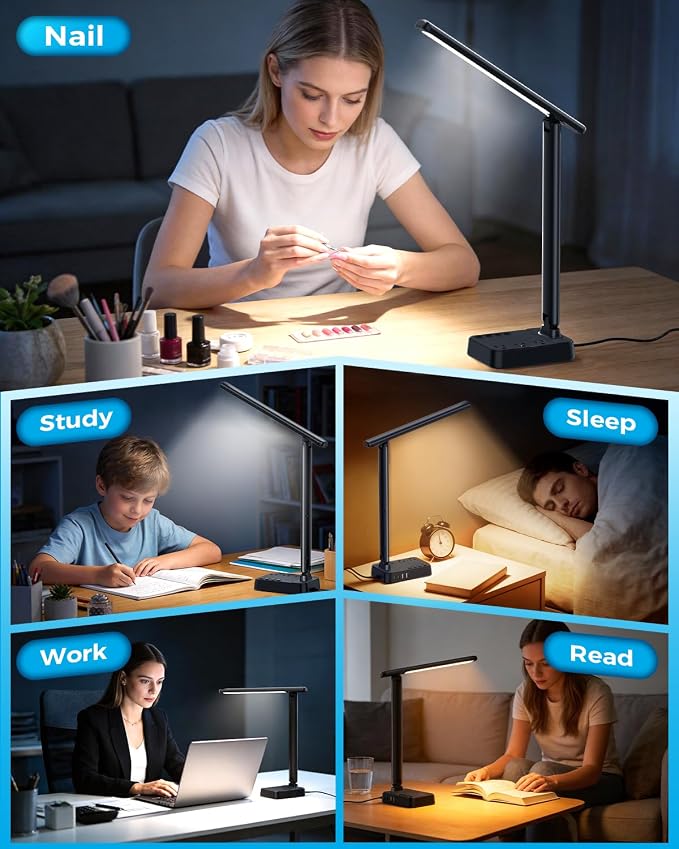 LED Desk Lamp with Power Strip, 3 AC Outlets, 4 USB Ports, Stepless Dimming | 2800K-6500K Color, 2 USB-C, Foldable Design, Timer & Memory, Study, Home Office & College Dorm