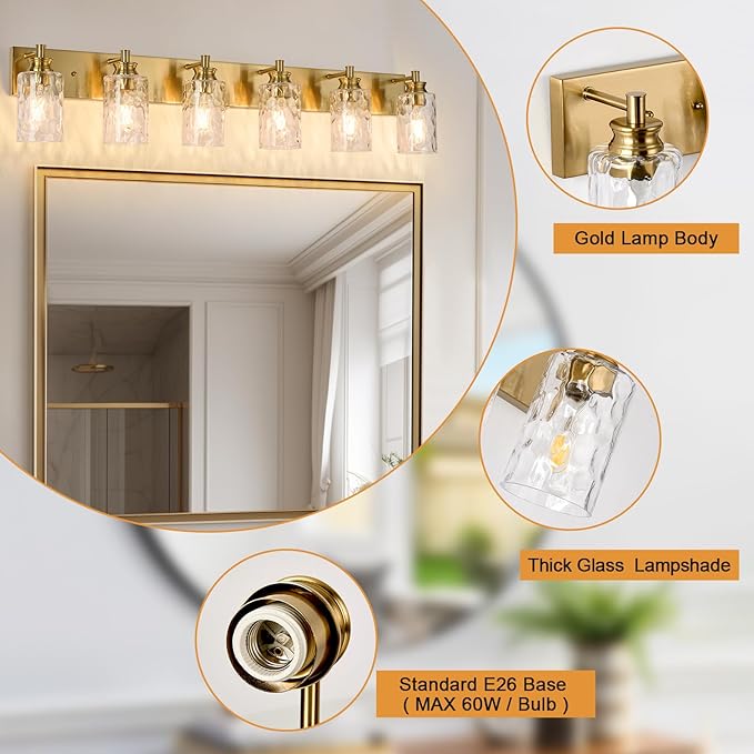 6 Light Bathroom Vanity Light Modern Brushed Gold Bathroom Light Fixtures Over Mirror with Hammered Glass Lampshade for Kitchen Hallway