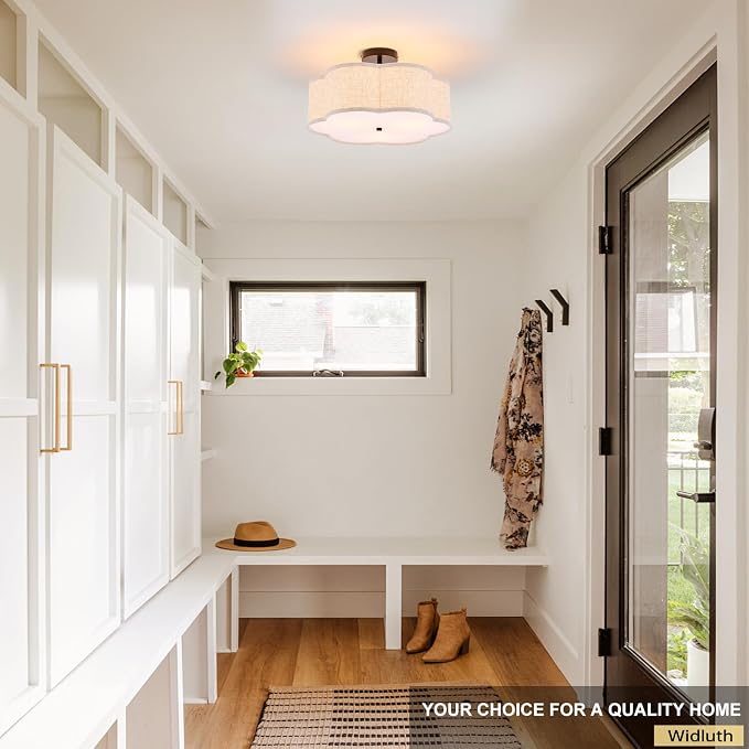 18" Black Semi Flush Mount Ceiling Light, Linen 3-Light Fixture | Beige Linen Petal Shade, Modern Farmhouse Style For Bedroom, Kitchen,Hallway And Laundry; Close-To-Ceiling, E26, Easy Install