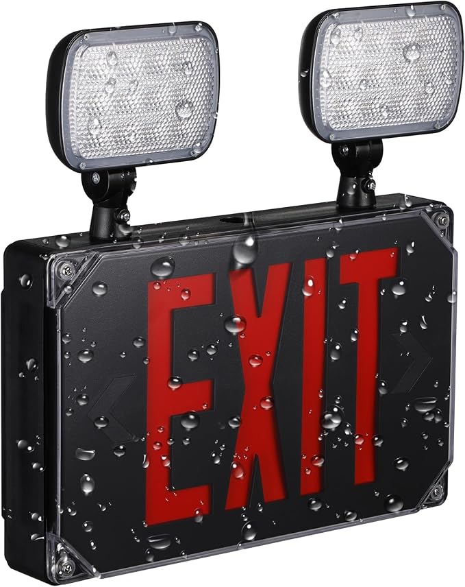 LEONLITE Wet Location LED Exit Sign with Emergency Lights Black | UL Listed, AC 120/277V, Outdoor Hardwired Red Letter Exit Light with Battery Backup, 2 Dual Heads, Double Face