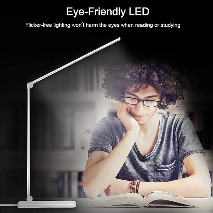 LED Desk Lamp with USB Charging Port, 5 Color Modes, 10 Dimmable Brightness Levels, Eye-Caring Reading Light, Touch Control & 30/60 min Auto Timer, Silver
