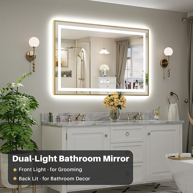 55x36 Inch LED Bathroom Mirror with Gold Frame, Backlit & Front Lit | Anti-fog, 3 Color Dimmable, Memory Function, HD Reflection Tempered Glass, ETL Listed, IP54 Waterproof