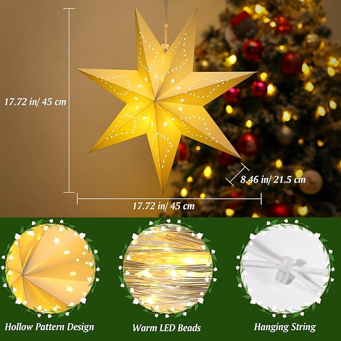 Lewondr Christmas Paper Star Lantern 3 Pack, Hanging Star Lights with Remote Control, Led Paper Lanterns with 6H Timer for Holiday Home Decoration