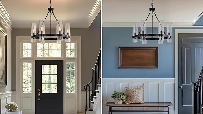 22 Inch Black Wagon Wheel Chandelier with Glass Shade, 6 Lights, Modern Farmhouse Style, Ideal for Dining Room, Kitchen, Entryways