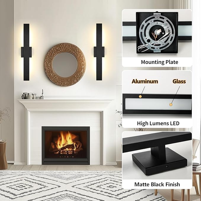 Aluminum Modern LED Wall sconces 2 Pack, 24.4 inch Black Wall Lights 28W