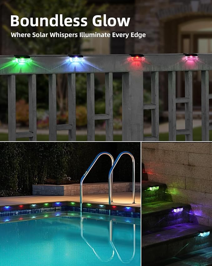 Herzila 16 Pack Solar Fence Lights, RGB Color Changing Christmas Fence Solar Light, Waterproof Deck Lights for Step, Stair, Pool and Yard