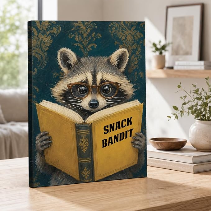 NSFBESSLIA Funny Reading Raccoon Painting, Whimsical Vintage Animal Decor, Snack Bandit, Cottagecore Wall Art for Living Room Bedroom Entryway, 8x10 Inch