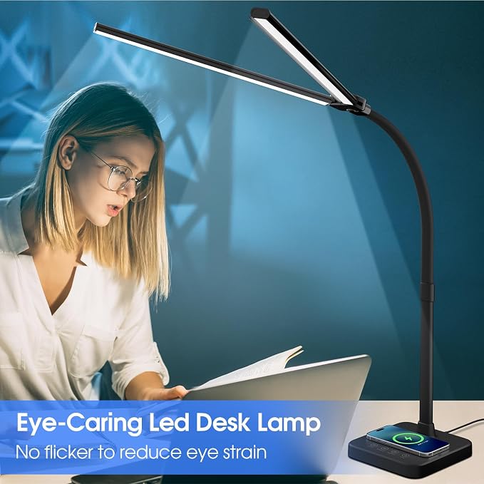ShineTech LED Desk Lamp, 24W Double Head Desk Light with Wireless Charging | 5000K Daylight White, 25 Lighting Modes, USB Port, Dual Swing Arm, Eye-Caring, Auto Timer & Memory for Office Dorm Piano Nail